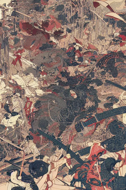 Image similar to hyper detailed illustration of a samurai battle by james jean, yoshitaka amano and victo ngai