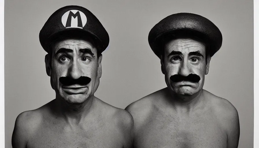 Prompt: portrait of super mario, sad, by irving penn