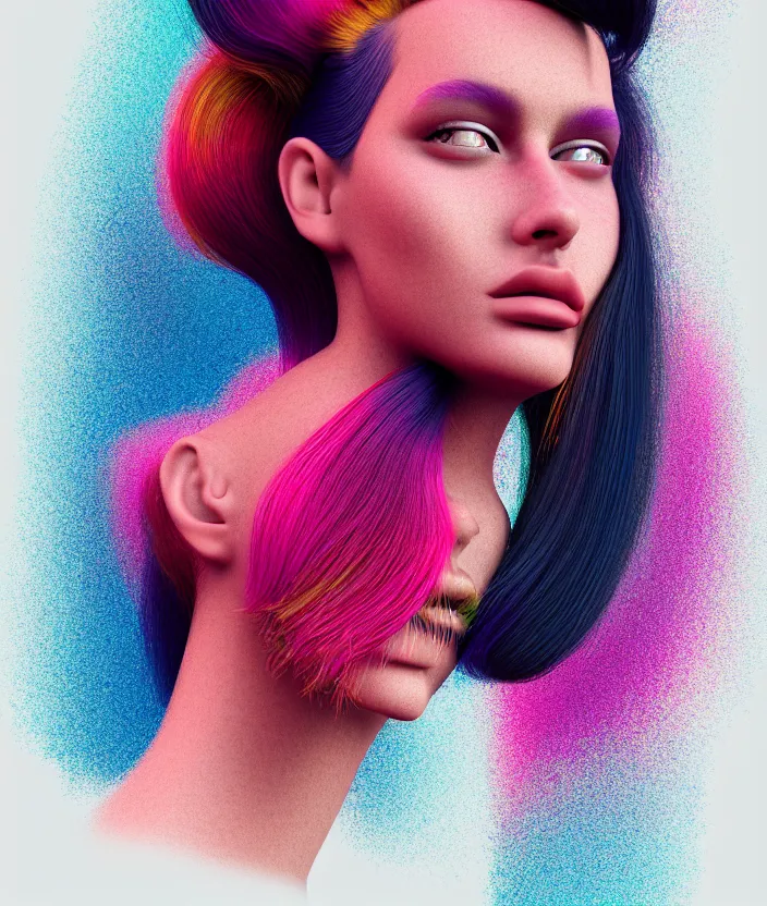 Prompt: portrait of a post modern fashion model with an exuberant modernist hair style, colorful, beautiful face, octane render, vray, detailed, wide angle, halftoned, editorial illustration, matte print, grainy light, ( ( dither ) ), risograph, high contrast, screen print, rich grainy texture