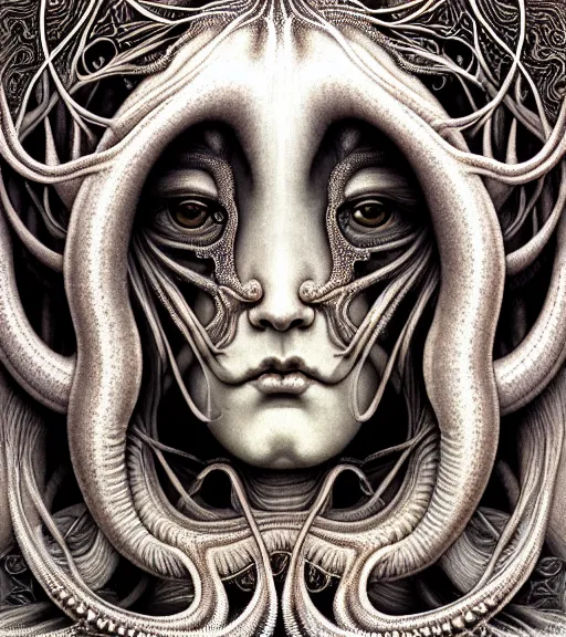 Prompt: detailed realistic beautiful squid goddess face portrait by jean delville, gustave dore, iris van herpen and marco mazzoni, art forms of nature by ernst haeckel, art nouveau, symbolist, visionary, gothic, neo - gothic, pre - raphaelite, fractal lace, intricate alien botanicals, ai biodiversity, surreality, hyperdetailed ultrasharp octane render