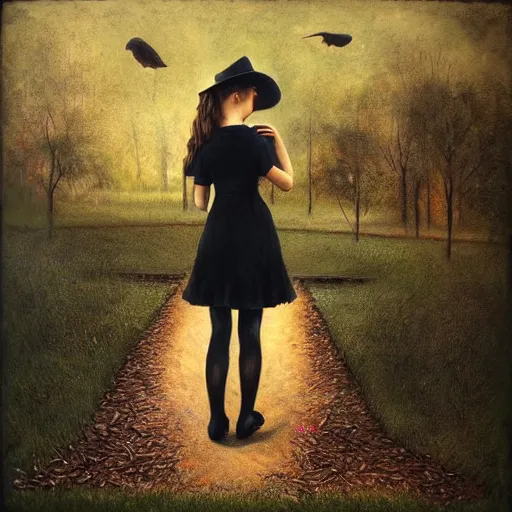 Image similar to a girl standing in a park, alone, wearing black dress and hat, holding teddy bear, detailed hands, by andrea kowch, dark, scene, magic realism