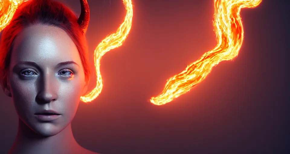 Image similar to portrait of a woman with horns made of flames in the wisps of thick smoke, looking into the camera, studio photography, studio lighting, realistic render, octane render, 4 k, 8 k, face in focus