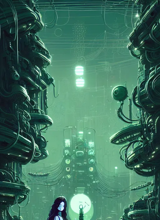Image similar to highly detailed portrait of a biopunk long curly white hair tribal lady, stray wiring by atey ghailan, james gilleard, by joe fenton, by greg rutkowski, by greg tocchini, by kaethe butcher, 4 k resolution, gradient green, black and white color scheme!!! ( ( green slime robotic dystopian city background ) )