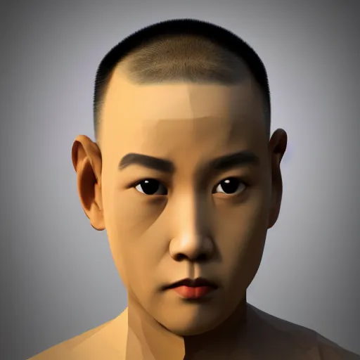 Image similar to dramatic portrait of chinese boy buzz cut, low poly 3 d render