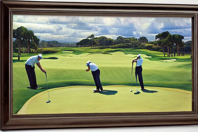 Image similar to Three golfers on a beautiful golf course driving range, by Diego Rivera