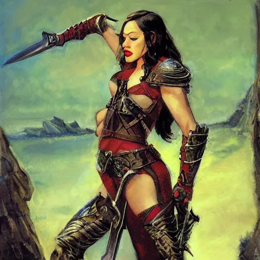 Image similar to portrait of kat dennings wearing armor and holding sword by frank fazetta, fantasy, barbarian