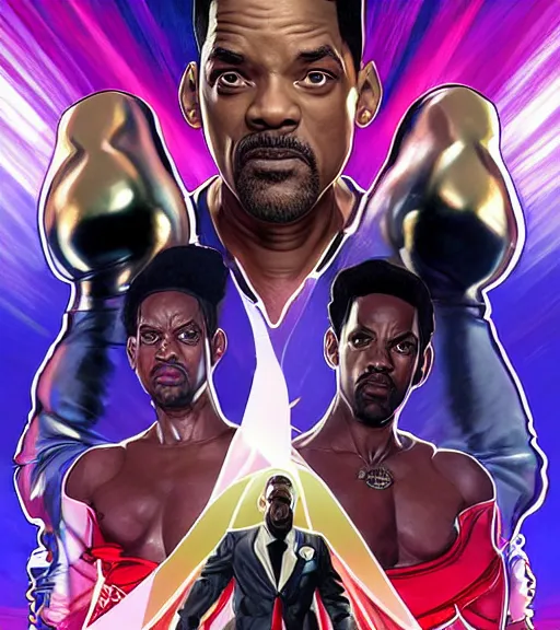 Prompt: symmetry ( badass ) dynamix pose of will smith punching chris rock at the oscars. ultra detailed, intricate, anime, dynamic lighting, digital art, digital painting, art station, wlop, sharp focus, illustration, art by artgerm and greg rutkowski and alphonse mucha