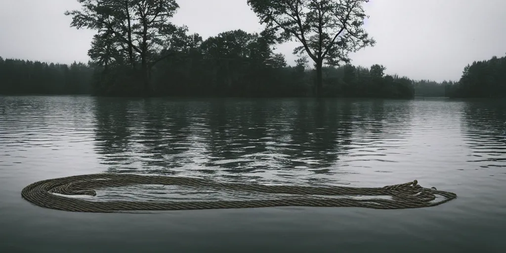 Prompt: symmetrical photograph of an long rope floating on the surface of the water, the rope is snaking from the foreground towards the center of the lake, a dark lake on a cloudy day, trees in the background, moody scene, dreamy kodak color stock, anamorphic lens