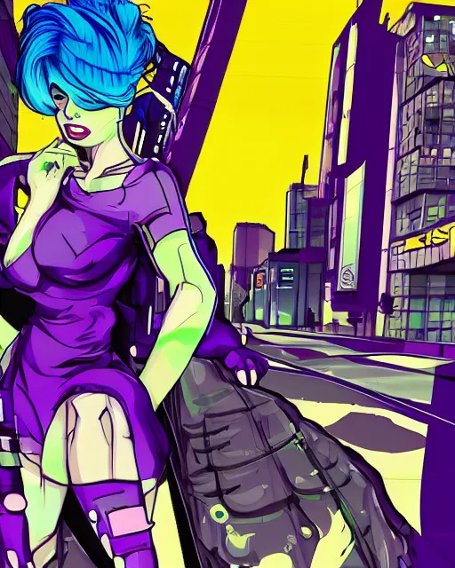 Image similar to cel shaded art of a pretty blue haired girl standing next to a purple lamborghinil, jet grind radio graphics, cyberpunk city street background