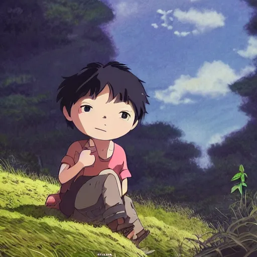 Image similar to friendly guy and small creature , with Fragile looking character portrait face made by Studio Ghibli highly detailed art, beautiful scene, sharp focus, smooth, 8k, anime art, wild, dark, fantasy, peaceful, sunshine, happy