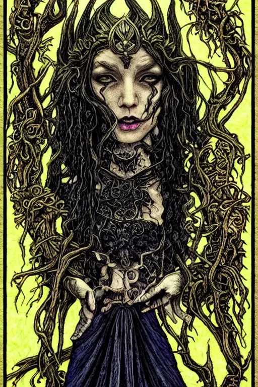 Image similar to dark fantasy, tarot card of the radie peat from the band lankum!!!!!, dark surrealist , fantasy, intricate, elegant, highly detailed, digital painting, artstation, concept art, smooth, sharp focus, illustration, art by Jim Fitzpatrick