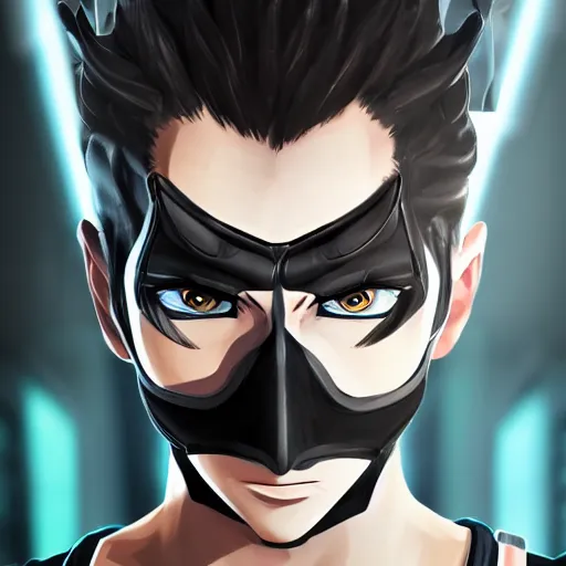 Prompt: detailed guy with mask made in persona style highly detailed, fragile looking, high quality, 8k, smooth, art, art, detailed face, sharp focus, beautiful scene, neon, handsome detailed face,