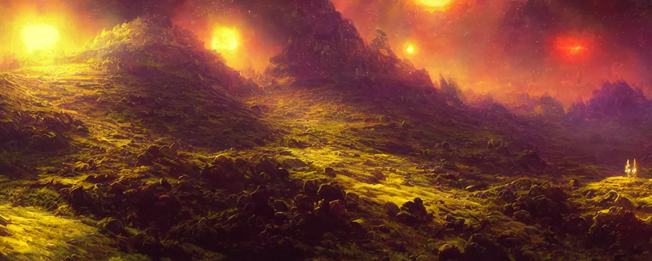 Image similar to ” outer planet landscape, [ cinematic, detailed, epic, widescreen, opening, establishing, mattepainting, photorealistic, realistic textures, octane render, art by paul lehr ] ”