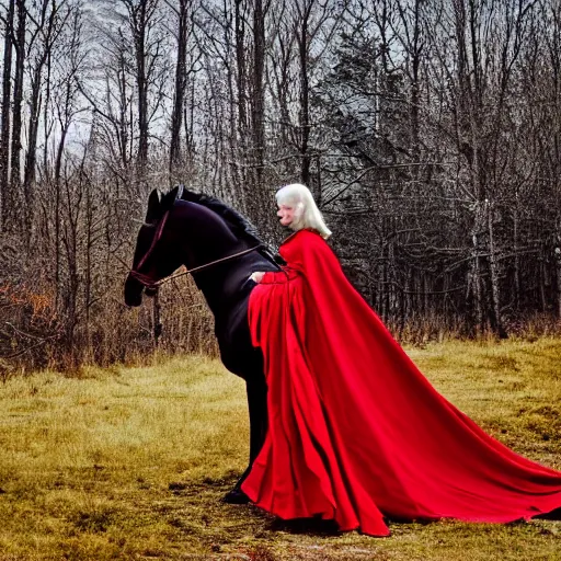 Prompt: Medieval woman princess in red dress sits astride black steed horse. Girl rider in vintage cloak cape train flies in wind motion. Background green trees spruce forest, spring winter nature melted snow , Kodak TRI-X 400, melancholic