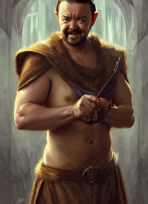 Image similar to portrait of ricky gervais as an elf, d & d, muscular! fantasy, intricate, elegant, highly detailed, digital painting, artstation, concept art, smooth, sharp focus, illustration, art by artgerm and greg rutkowski and alphonse mucha