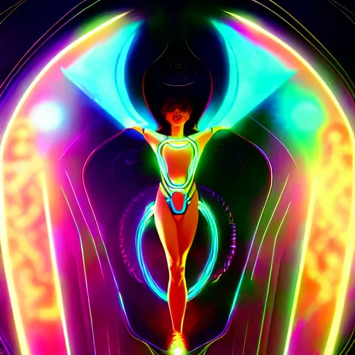 Prompt: tron angel, psychedelic lsd, diffuse lighting, hyper realistic, elegant, intricate, hyper detailed, smooth, sharp focus, concept art, illustration, trending on artstation, art by greg rutkowski and james gurney and alphonse mucha