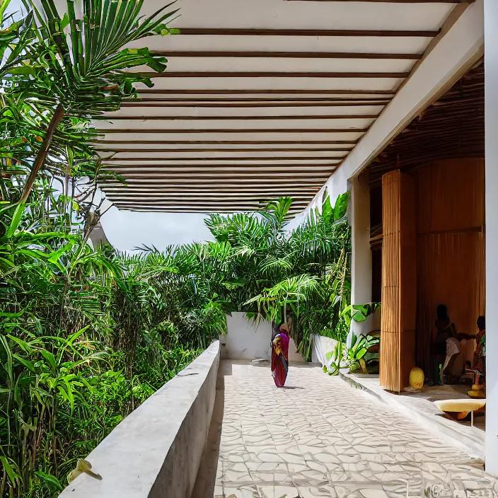 Image similar to idyllic town house on a quiet street in lagos, tropical architecture with sun shading and pergolas, modernist african building, contemporary architecture, architectural photography, canon eos r 3, telephoto lens, sigma 5 0 0 mm f / 5, iso 2 0 0, 1 / 1 6 0 s, 8 k, raw, unedited, in - frame