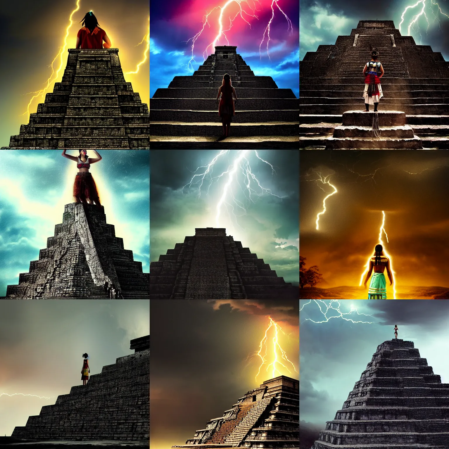 Prompt: A young Mayan priestess stands on top of a Mayan Pyramid, silhouetted by a lightning bolt, dramatic lighting, epic, atmospheric, digital art, trending on ArtStation