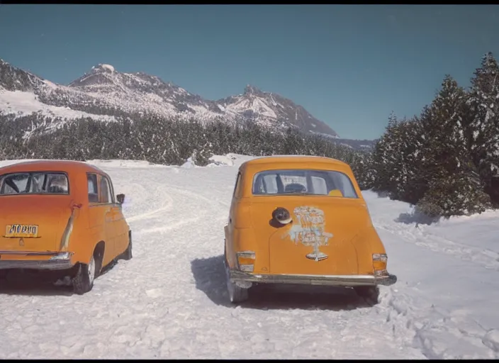 Image similar to A very high resolution image from a new movie, landscape from a car window , mountains, snowy, snowy mountains, Polaroid, directed by wes anderson