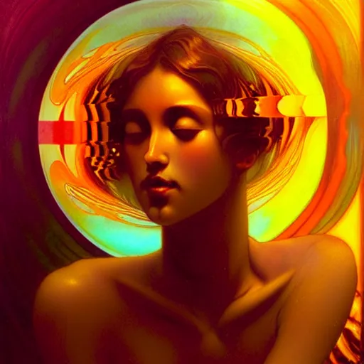 Image similar to transcendent bodhisattva mind bending indigo waves of glossy psychedelic liquid honey flowing like kaleidoscopic translucent amber, lsd waves, honey ripples, enlightenment, dramatic professional lighting, refracted sunset lighting, highly detailed, concept art, art by collier, albert aublet, krenz cushart, artem demura, alphonse mucha