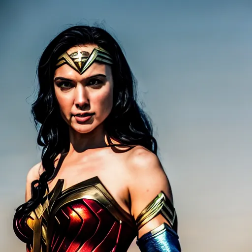 Image similar to Wonder Woman from Justice League movie, stunning portrait, 35mm F/1.2