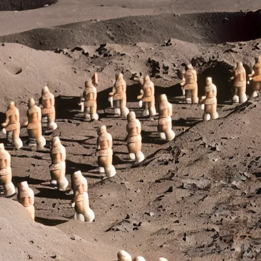 Image similar to full - color 1 9 7 2 photo of dozens of terra - cotta warriors being excavated on the moon by archaeologists wearing space - suits at a dig - site. high - quality professional journalistic photography from time magazine.