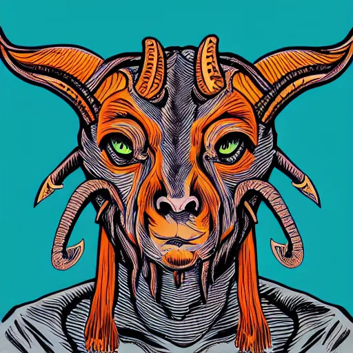 Image similar to a demon with the head of a goat, is looking at the camera, while holding a human head, whose eyes are still wide. symmetrical anatomy, very detailed design, complexity of the image, with pop punk style, colorful.