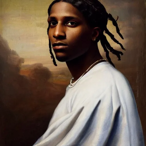 Image similar to a renaissance style portrait painting of asap rocky