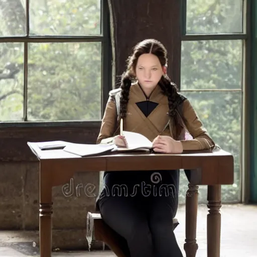 Prompt: Katniss Everdeen as a student, in an exam hall, sitting at a desk, doing her A-Level exams, stock photo