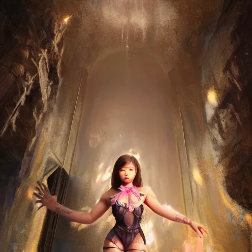 Image similar to dwayne johnson as a beautiful young girl in seductive clothing by ross tran, walking in a castle painted by sana takeda, rtx reflections, very high intricate details, painting, digital anime art, medium shot, mid - shot, composition by ilya kuvshinov, lighting by greg rutkowski
