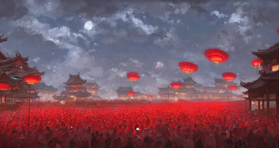 Image similar to craig mullins and ghibli digital art of zhongyuan festival in china ， red lanterns in the sky, black night sky, stars, below is the crowd, rivers, villages ， unreal engine, hyper realism, realistic shading, cinematic composition, realistic render, octane render, detailed textures, photorealistic, wide shot