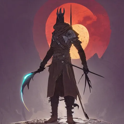 Image similar to an ultra detailed vector image of solaire of astora dressed as the hunter from bloodborne, concept art by alphonse mucha and greg rutkowski, scary shadows, blood moon eclipse, octane render, liminal space