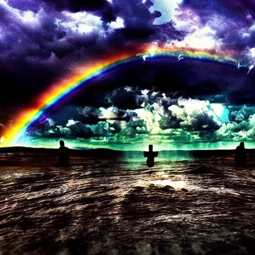Prompt: Souls floating in the presence of God, HDR, Beautiful, Epic, Cinematic, Rainbows, Holy. HDR