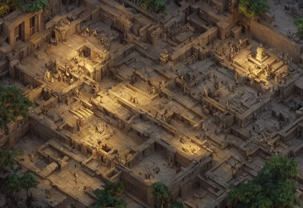 Prompt: uhd hyperrealistic 3 d ancient egyptian tomb isometric rts style game map, wide - angle portrait photography, intricate architecture, baroque detailed, unreal engine, octane render, art by dan mumford and peter mohrbacher and wayne barlowe, intricate, subsurface scattering, ray tracing, vivid colors, octane render