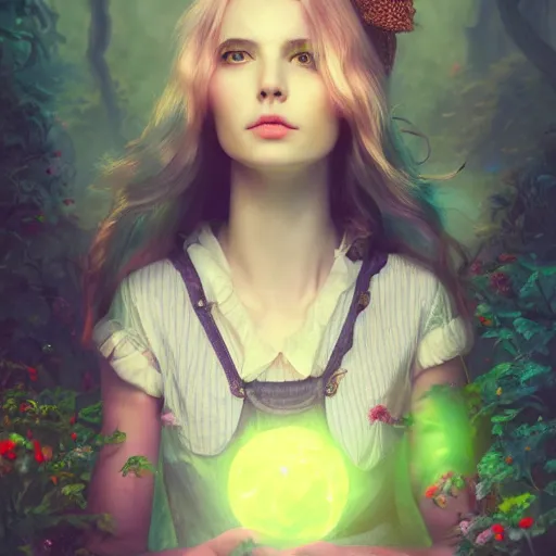 Image similar to A portrait of Alice in Wonderland, huggy wuggy from poppy playtime video game, fullbody, ultra high detailed, glowing lights, oil painting, Greg Rutkowski, Charlie Bowater, Beeple, unreal 5, DAZ, hyperrealistic, octane render, RPG portrait, dynamic lighting, fantasy art, beautiful face