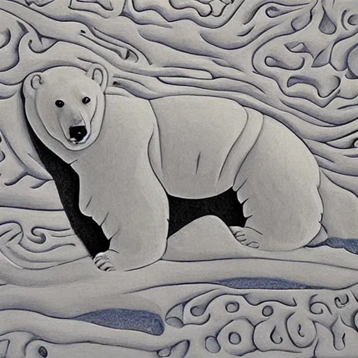 Image similar to carving of a polar bear, mashup between mc escher and vincent van gogh