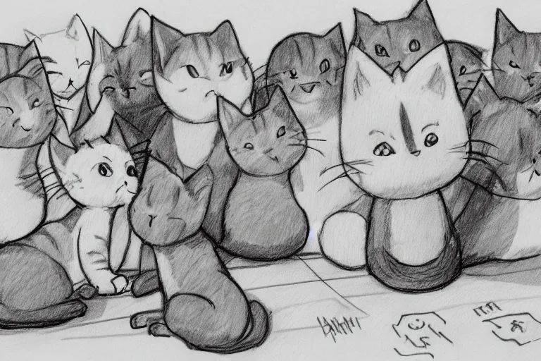 Prompt: a storyboard pencil sketch of a cat speaking to a crowd of cats on top of a rock, rough sketch with erased lines, trending on artstation, detailed, anime