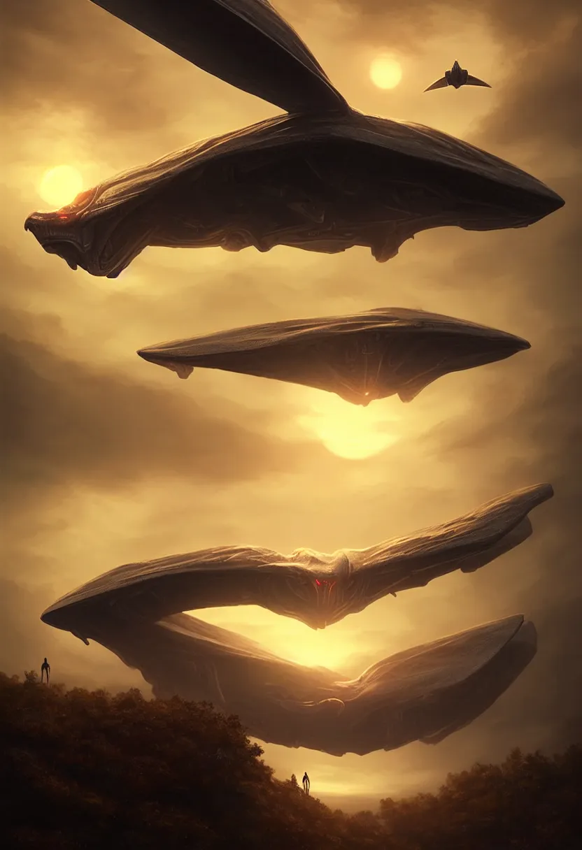 Prompt: strange alien creature flying up, autumn sunset, white background, ultra high definition, ultra detailed, symmetry, fog, matte painting, by greg rutkowski and ross tran and wlop