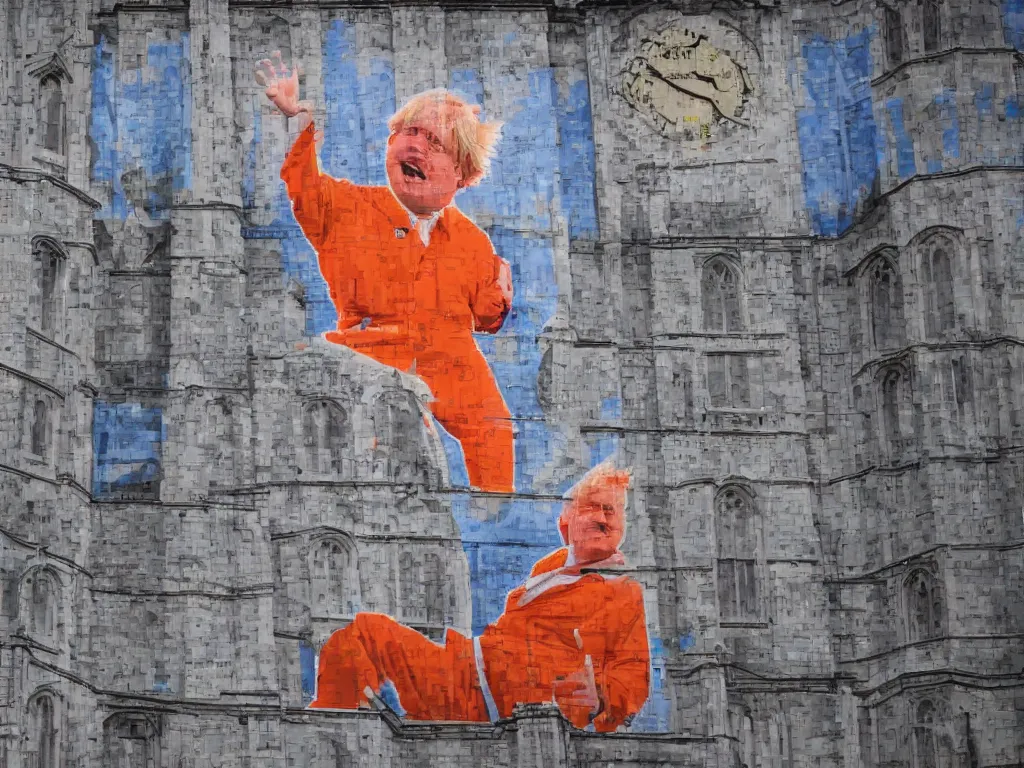 Prompt: photograph of a mural, depicting boris johnson in an orange jumpsuit, painted covering every square inch of the palace of westminster