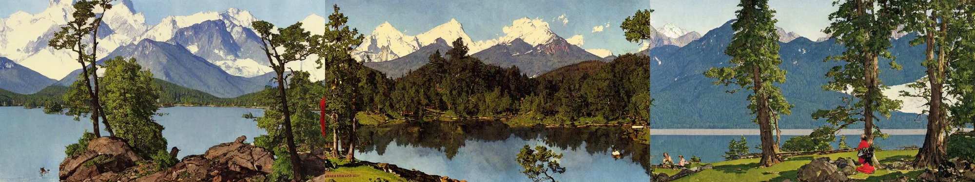 Prompt: mountains, trees, and lake, by norman rockwell