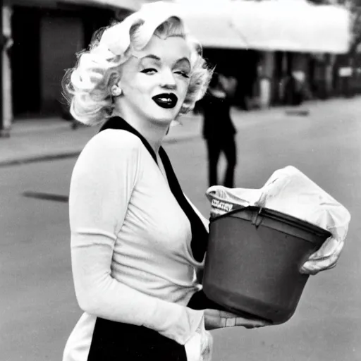 Prompt: a photograph from 2020 of Marilyn Monroe collecting trash