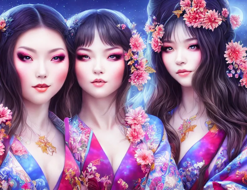 Image similar to two beautiful alluring siberian girls wear fantasy kimono in festival | | sunny night, full moon, dreamlike art, realistic shaded, smile, good looking, hyper details, 4 k realistic, cryengine, realistic shaded lighting poster by artgerm, ross tran, fuji choko, 8 k resolution, trending on artstation, luxury