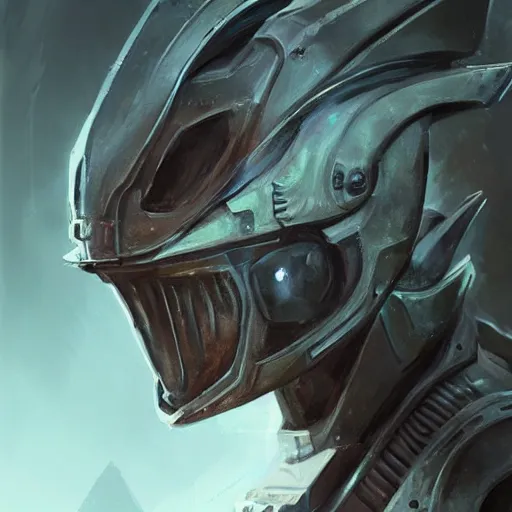 Image similar to Portrait of an alien man by Greg Rutkowski, hard predatory look pointed ears, prominent jaw and visible fangs, wearing a futuristic space tactical gear that looks like a mix between the samurai, viking and templar aesthetics, mix between tribal and hi-tech, highly detailed portrait, scifi, space opera, digital painting, artstation, concept art, smooth, sharp foccus ilustration, Artstation HQ