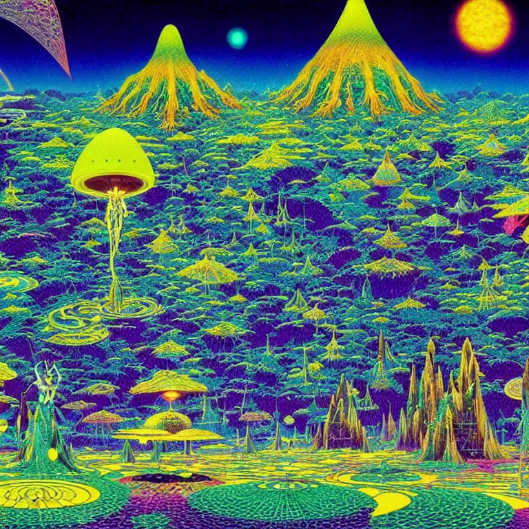 Prompt: mysterious ufo hovering over magical crystal temple, bright neon colors, highly detailed, high resolution, cinematic, hiroo isono, tim white, philippe druillet, roger dean, lisa frank, aubrey beardsley, ernst haeckel