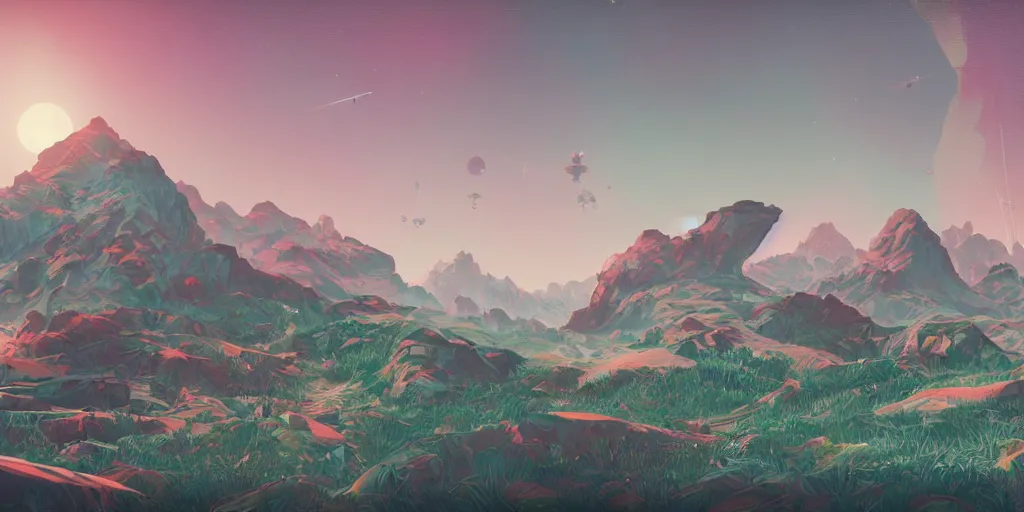 Image similar to 3d rendered landscape with a lot of details by james jean in no mans sky style , redshift, octane