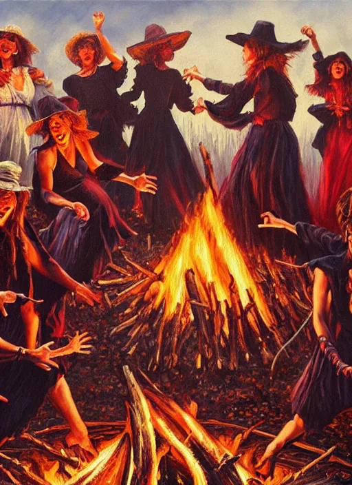 Prompt: witches dancing around a bonfire, pulp art oil painting by mort kunstler, intricate, hyper detailed, 4 k, hd, award winning, photorealistic