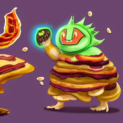 Prompt: a pancake elemental is fighting a bacon elemental