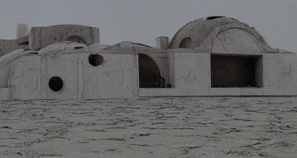 Prompt: the long - shot of levitating abandoned buildings designed by giger under the sand in night arrakis desert, alien spaceship exploding, film still from the movie by alejandro jodorowsky with cinematogrophy of christopher doyle and art direction by hans giger, anamorphic lens, kodakchrome, very detailed photo, 8 k,