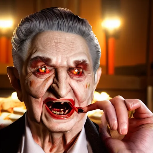 Image similar to vampire george soros, cinematic key light ultra realistic, photorealism, dramatic volumetric lighting award winning hyper detailed 8 k professional food photography