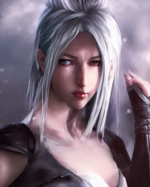 Image similar to tifa lockhart with white hair, beautiful face, perfect, attractive, illuminated, ultra realistic, atmosphere, cinematic, artstation, highly detailed, art by blair armitage and seunghee lee